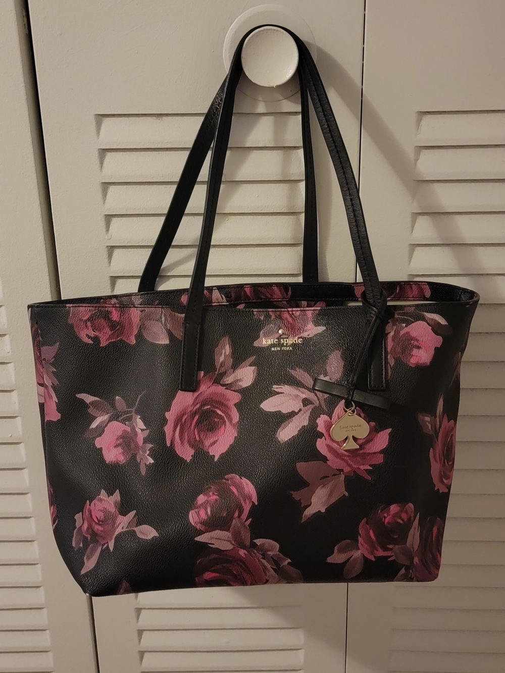 Kate Spade New York Black Floral Tote Bag - Pink Rose Print-check last photo